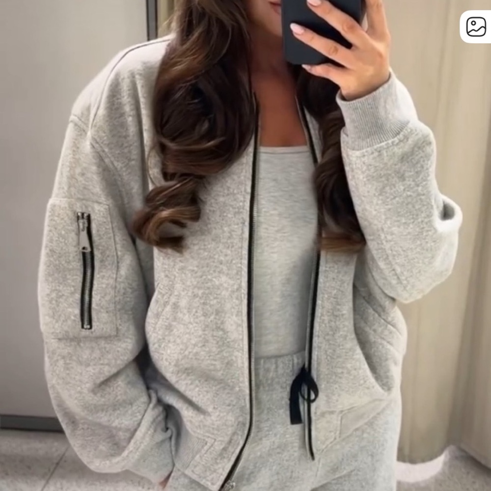 Zara Light Gray Plush Bomber Jacket
